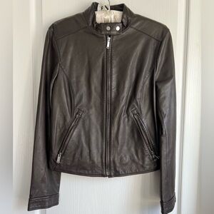 NWT DKNY Women's Genuine Real Leather Zip Moto Bomber Jacket Dark Brown Sz S
